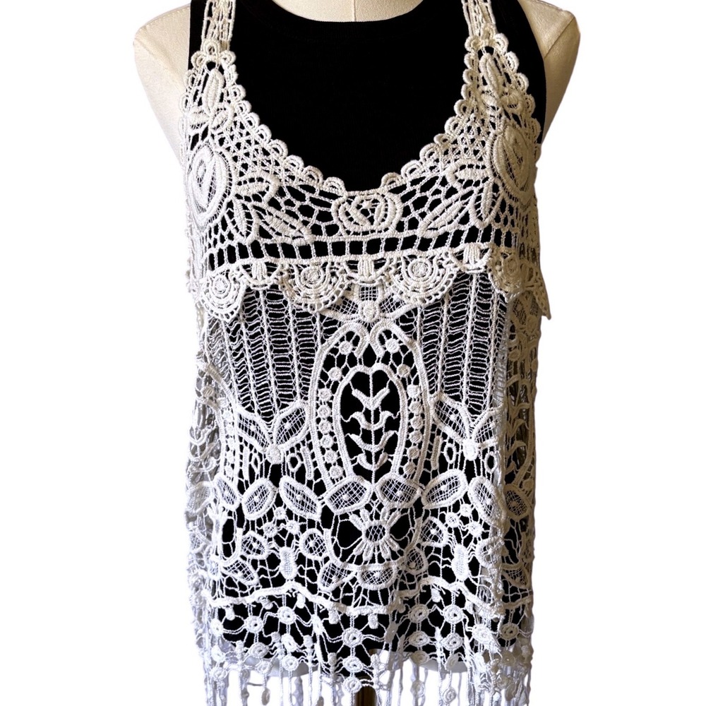 Say What? Womens XL White Crochet Lace Tassel Fringe Boho Festival Tank Top